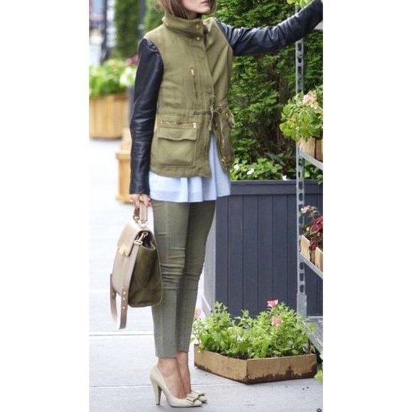 Zara Linen Lamb Leather Jacket Army Olive Green Utility Moto Edgy Biker Coat XS - Picture 6 of 16